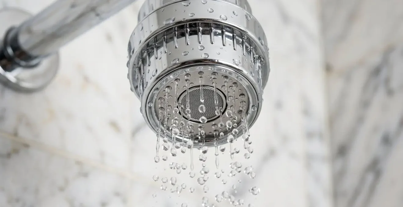 Dettaglio macro di un filtro doccia cromato con gocce d'acqua cristalline