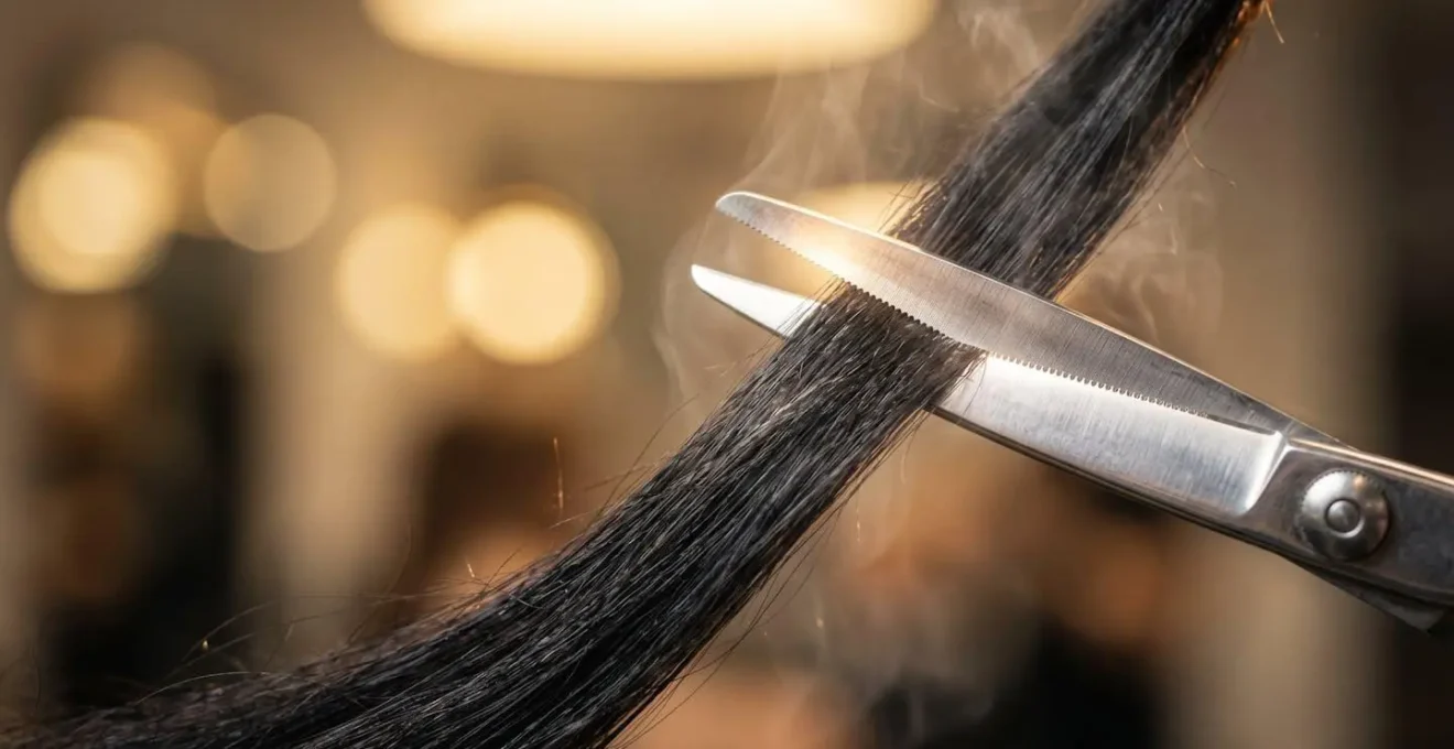 Dettaglio ravvicinato di forbici professionali che tagliano una ciocca di capelli con vapore visibile