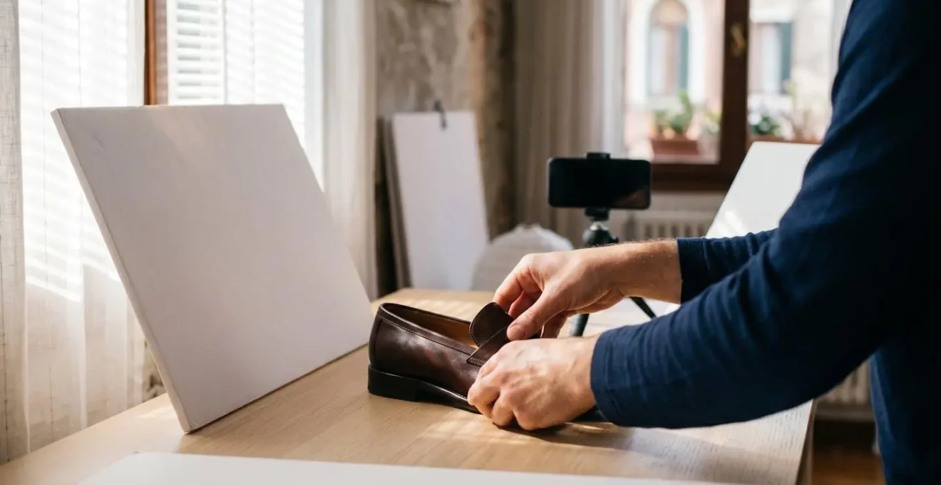 Set fotografico minimalista con scarpa di lusso illuminata professionalmente