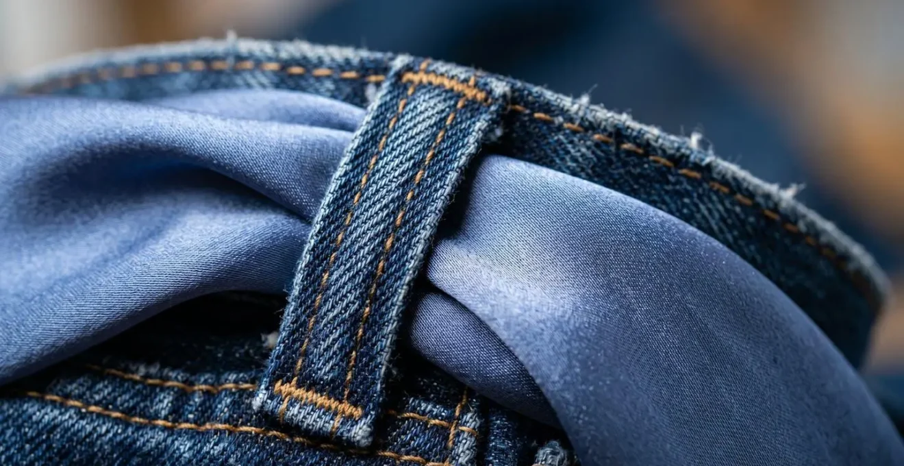 Dettaglio macro di foulard in seta usato come cintura attraverso passanti di jeans