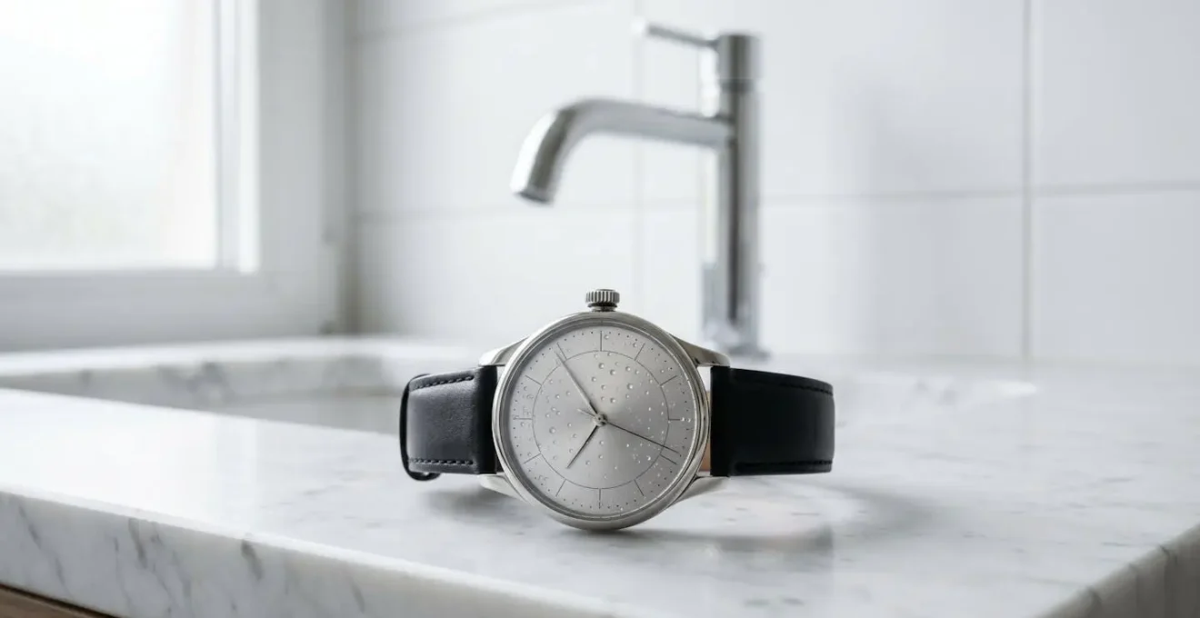 Dettaglio ravvicinato di gocce d'acqua su vetro zaffiro di orologio elegante