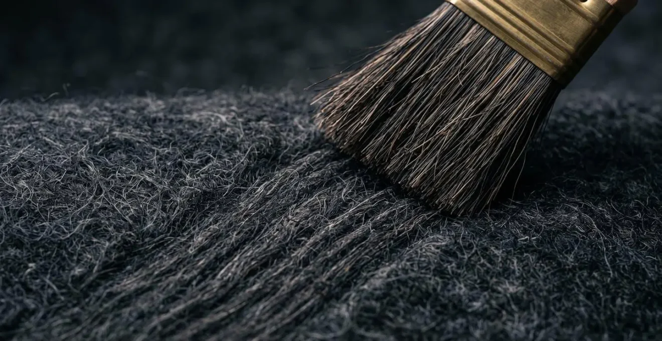 Dettaglio macro della texture del feltro scuro con spazzola professionale in crine