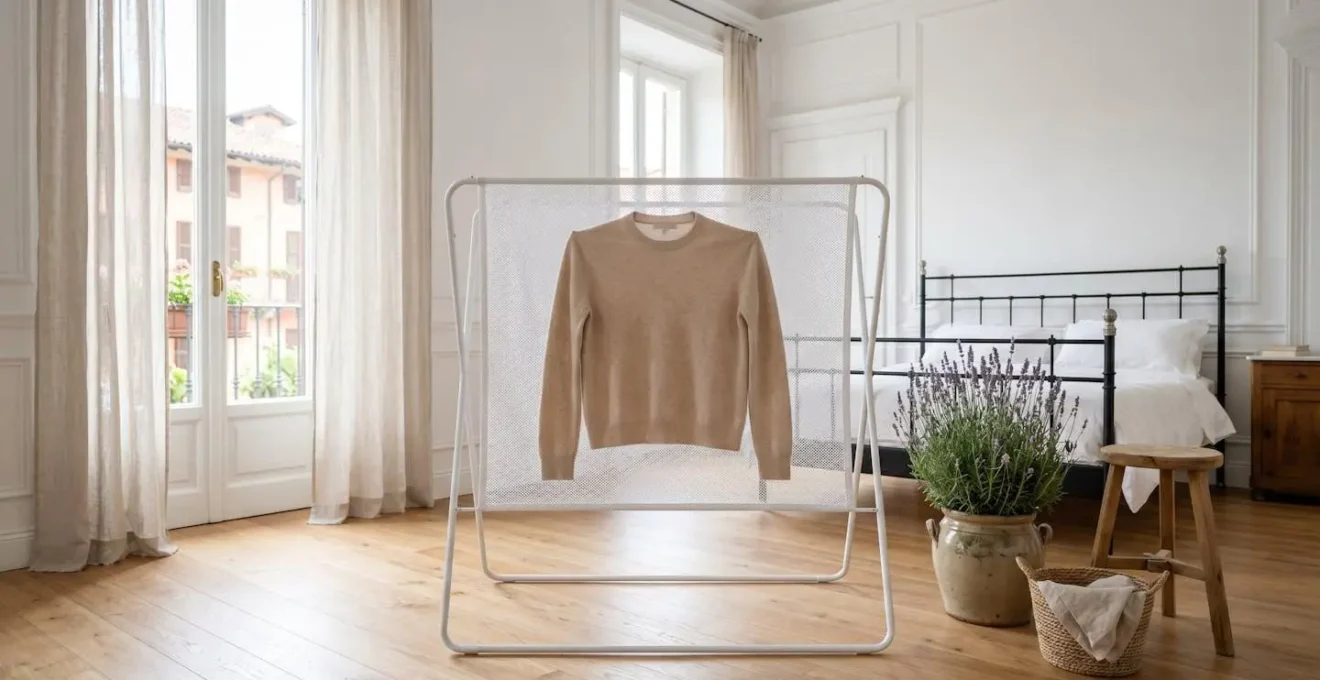 Maglione di cachemire beige steso su rete di asciugatura in ambiente luminoso