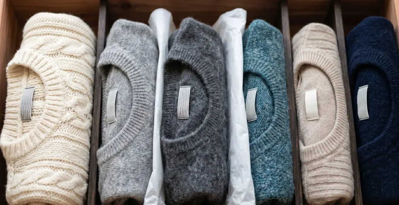 Maglioni di lana e cashmere piegati verticalmente in cassetti organizzati con divisori