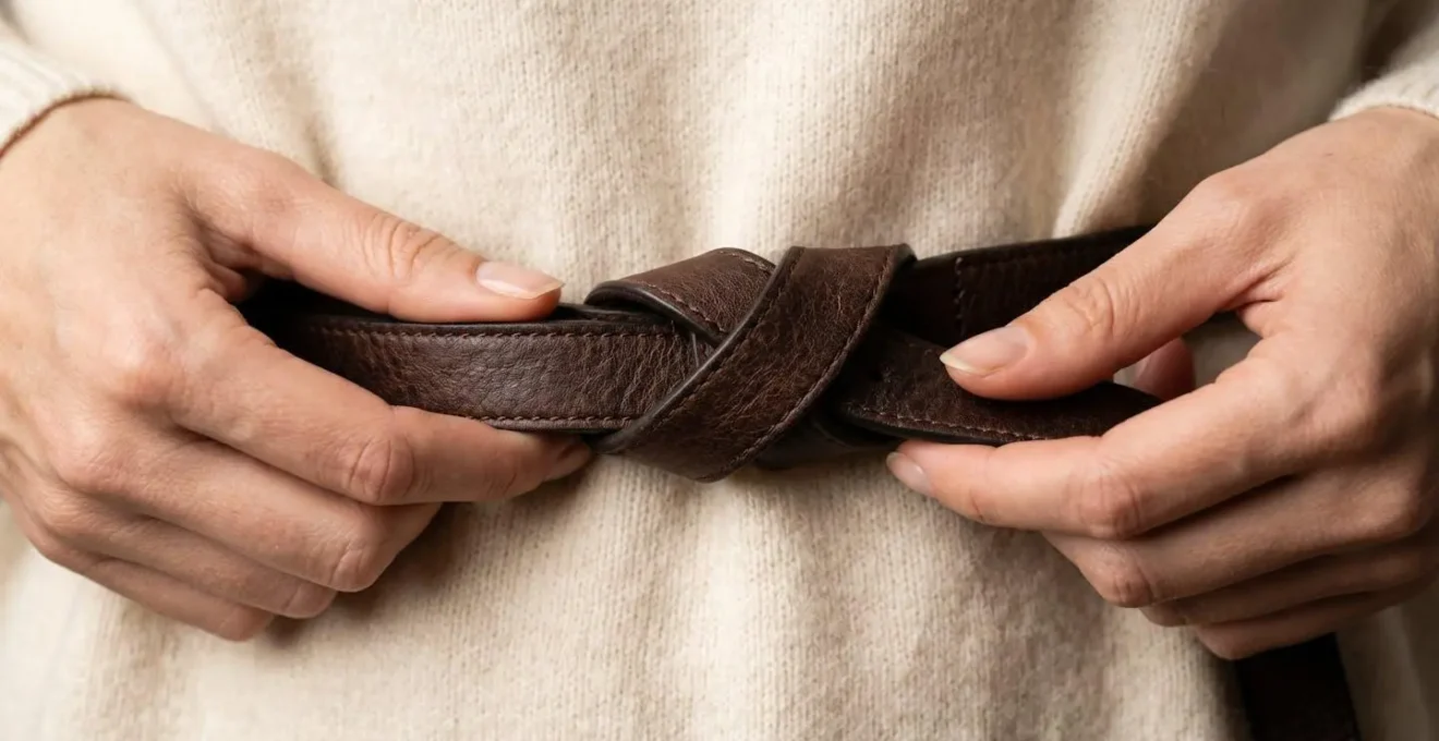 Dettaglio ravvicinato di un nodo cintura perfettamente eseguito su maglione di cashmere