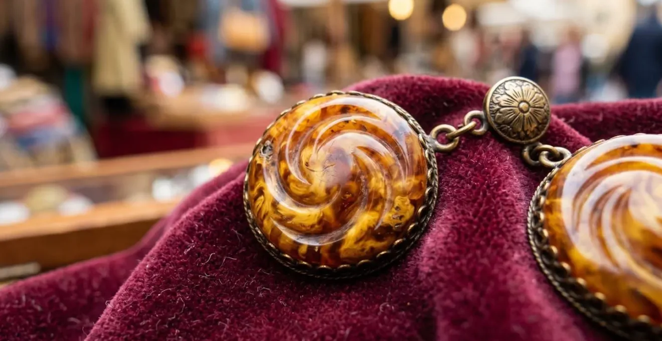 Dettaglio macro di orecchini vintage in bachelite e resina anallergici su un tessuto di velluto in un mercatino italiano