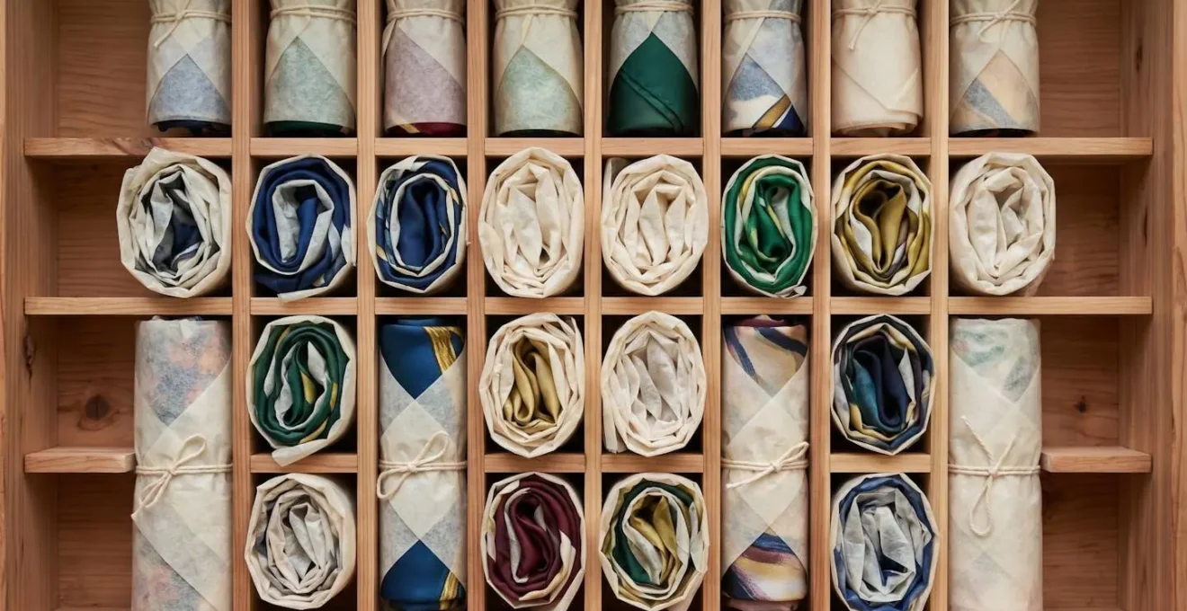 Cassetto organizzato con foulard di seta arrotolati in carta velina e divisori in legno