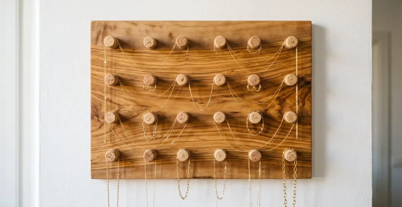 Sistema di organizzazione per collane con elementi di design italiano in legno d'ulivo e sughero