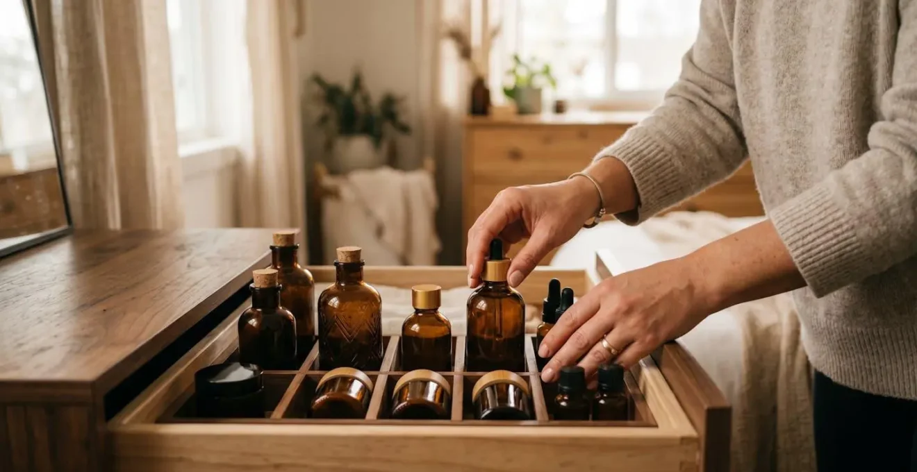 Cassetto di legno ordinato con flaconi di cosmetici naturali in vetro ambrato, simbolo di corretta conservazione