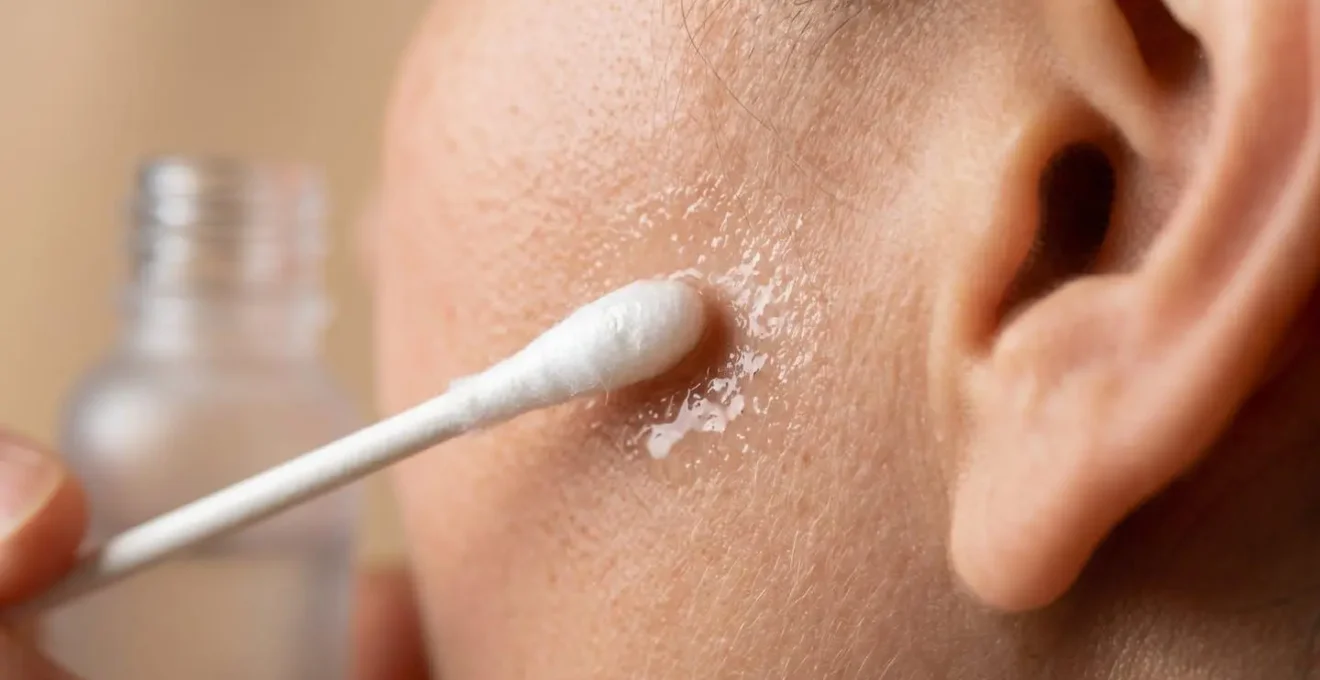 Applicazione delicata di prodotto cosmetico vicino all'orecchio per test cutaneo