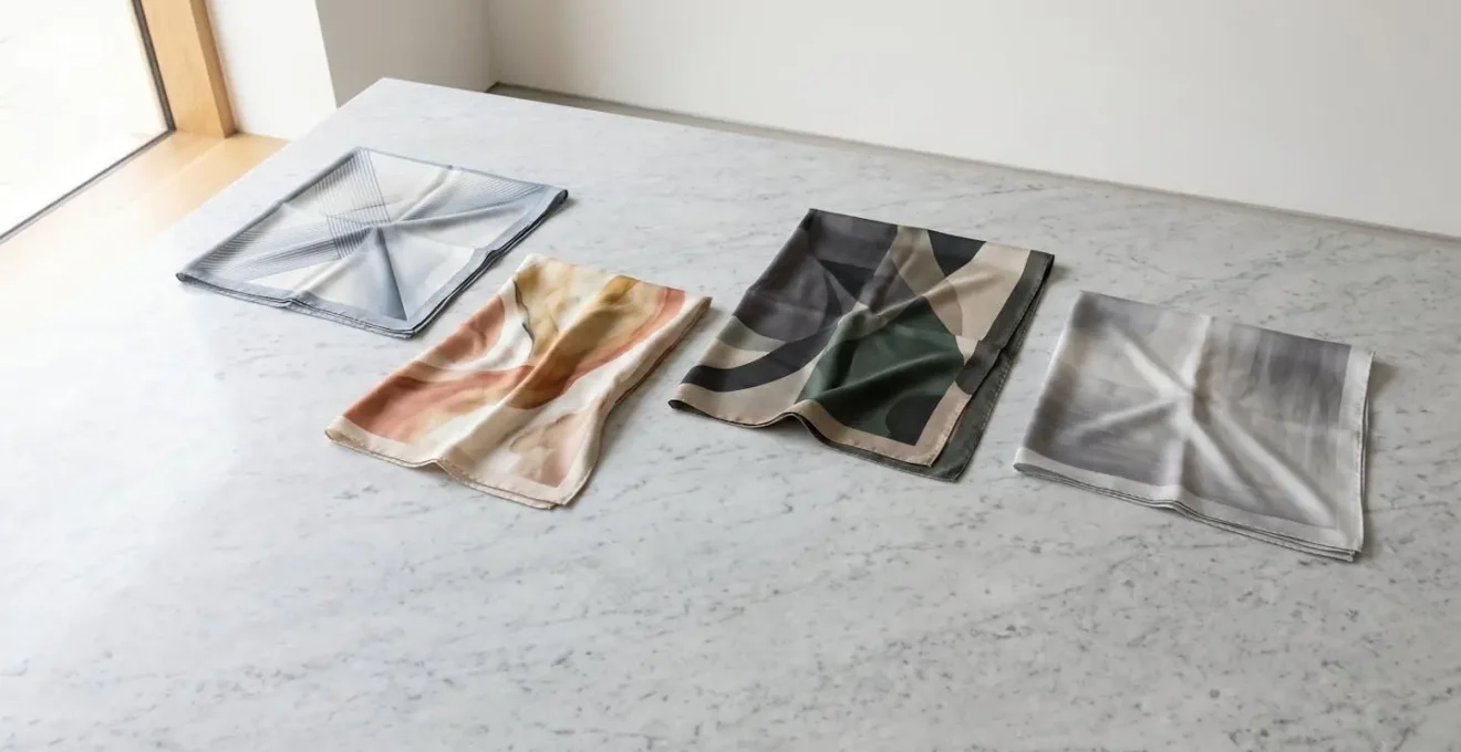 Vista ampia di diversi foulard con pattern di scale diverse disposti artisticamente