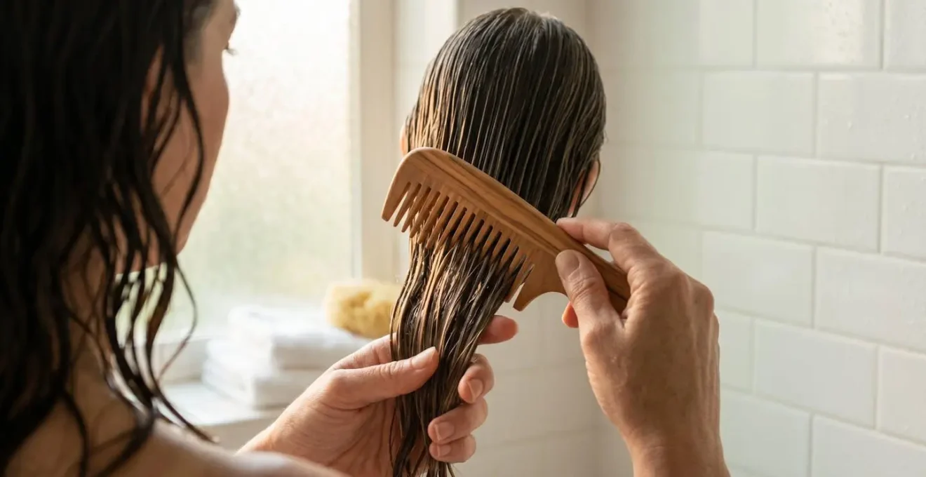 Dettaglio ravvicinato di un pettine in legno a denti larghi che passa attraverso capelli bagnati e trattati con balsamo, mostrando la scivolosità.