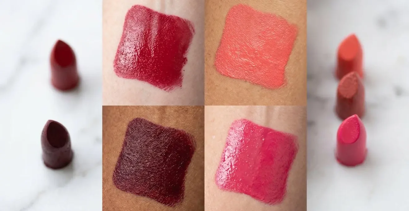 Palette di rossetti rossi divisi per stagione armocromatica con swatch su pelle