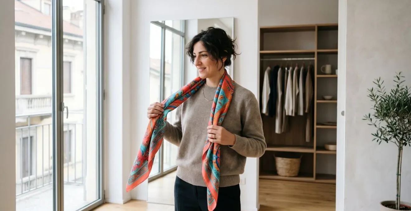 Donna indossa maglione con foulard di seta colorato che crea armonia cromatica