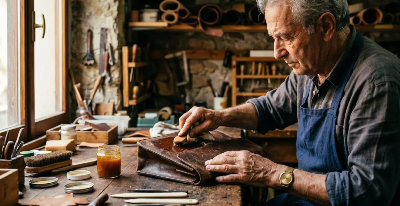 Artigiano italiano al lavoro su borsa vintage in laboratorio tradizionale