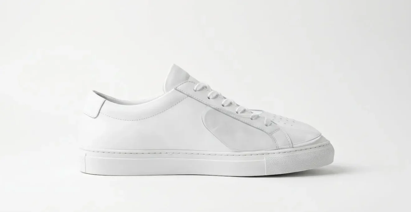 Vista laterale minimalista di shield antipiega trasparente inserito in sneaker di lusso bianca
