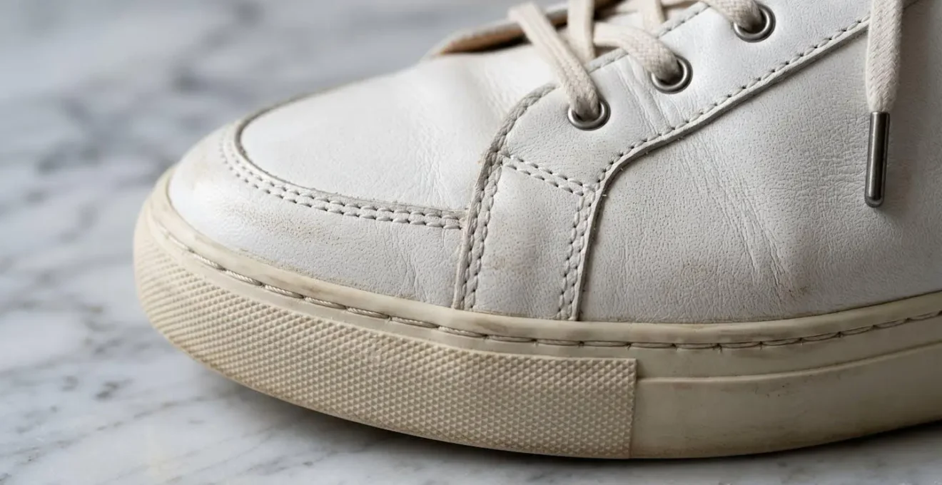 Dettaglio ravvicinato di sneaker in pelle pregiata italiana su pavimento di marmo