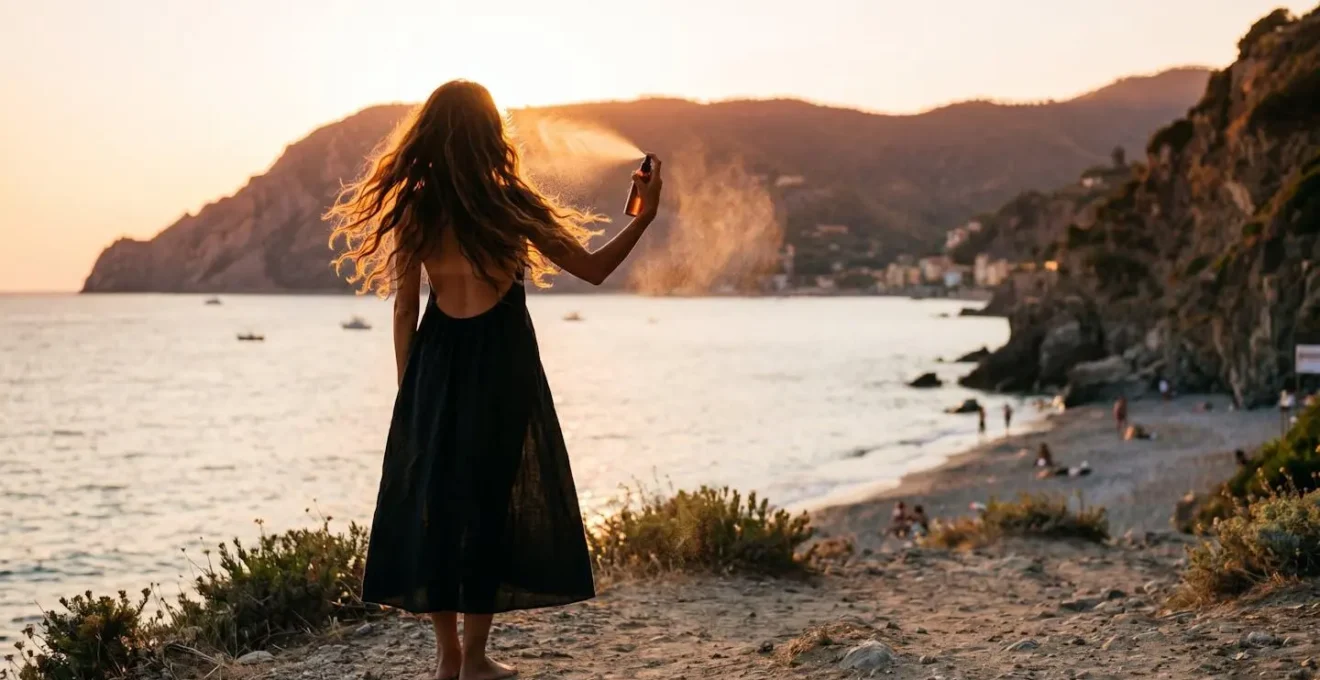 Donna di schiena che spruzza un balsamo leave-in sui capelli mossi dal vento, con un paesaggio costiero italiano sullo sfondo.