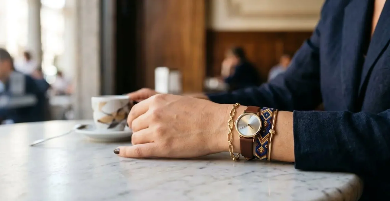 Polso sottile con orologio elegante e bracciali coordinati in stile italiano