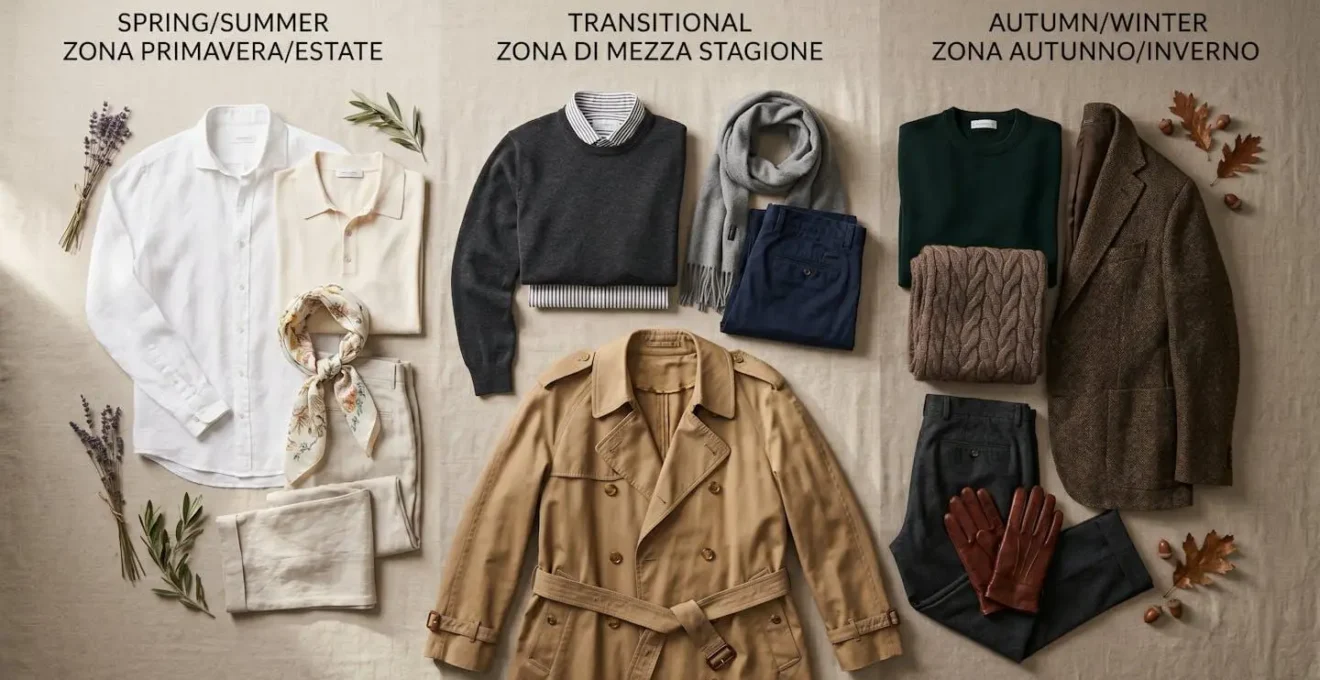 Composizione di capi stratificati per il cambio stagione all'italiana