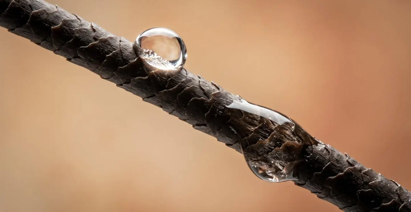 Macro dettaglio di gocce d'acqua su ciocca di capelli scuri