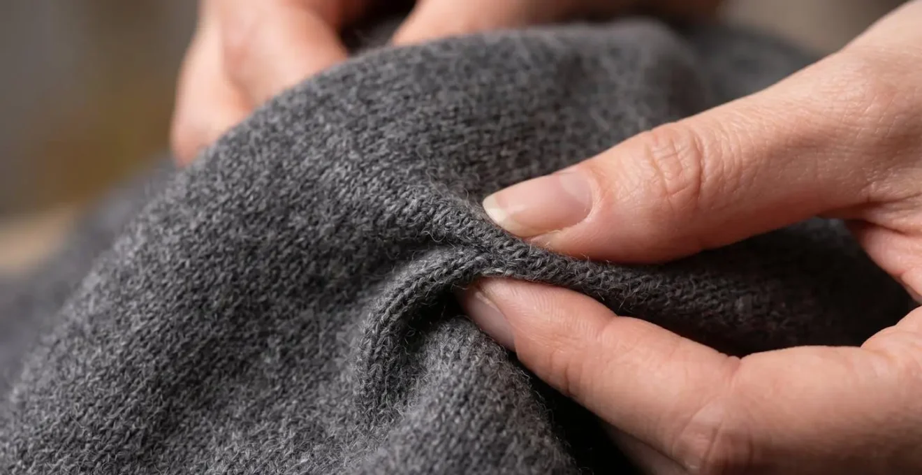 Dettaglio macro di mani che testano la qualità di un tessuto di cashmere italiano