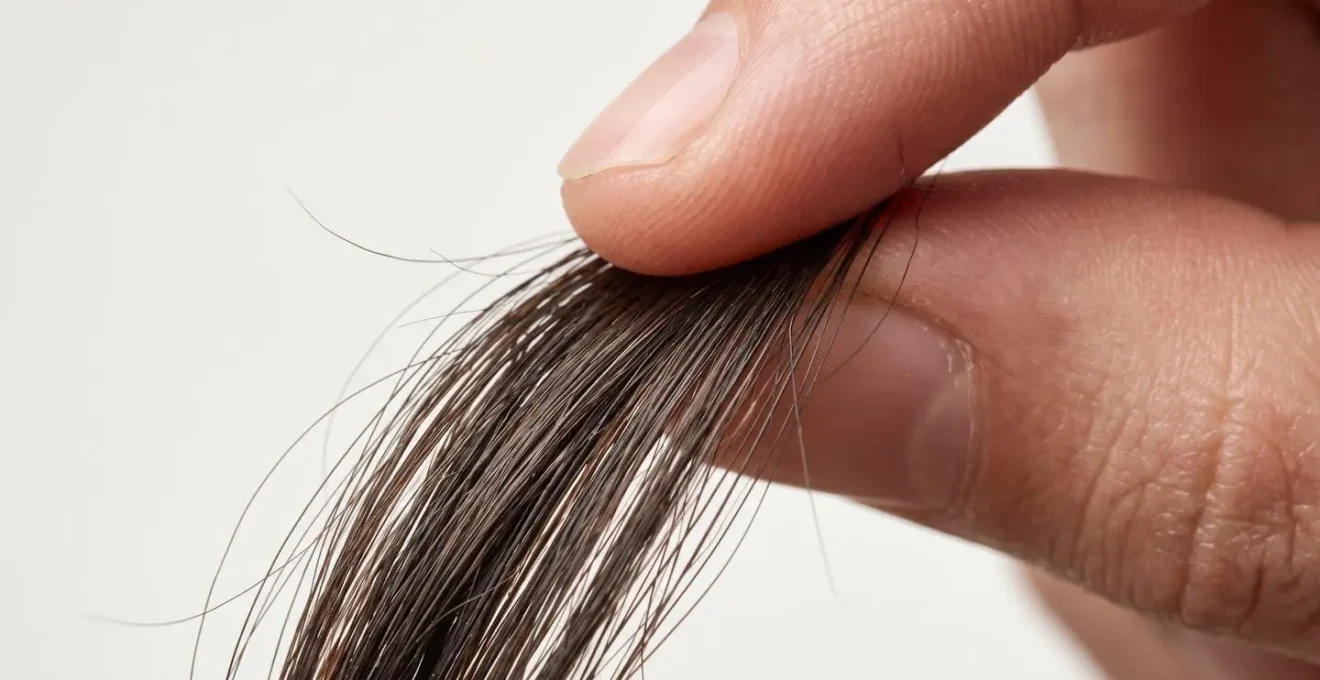 Dettaglio macro di dita che eseguono il test di trazione su una ciocca di capelli