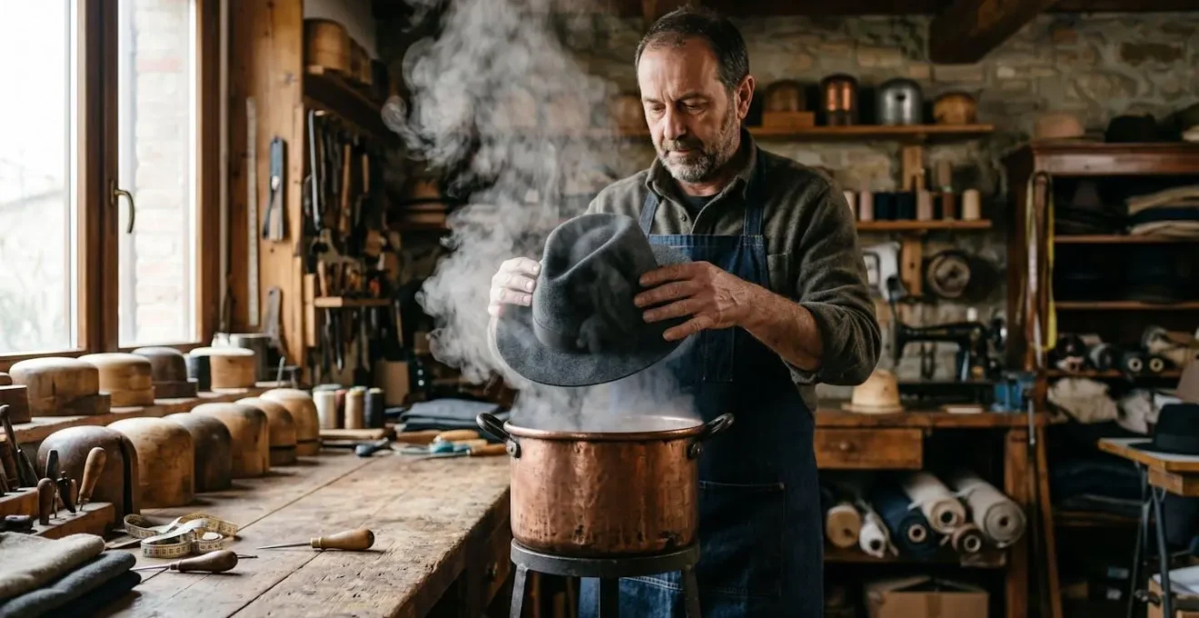 Artigiano italiano usa vapore per rimodellare cappello in feltro nel laboratorio tradizionale