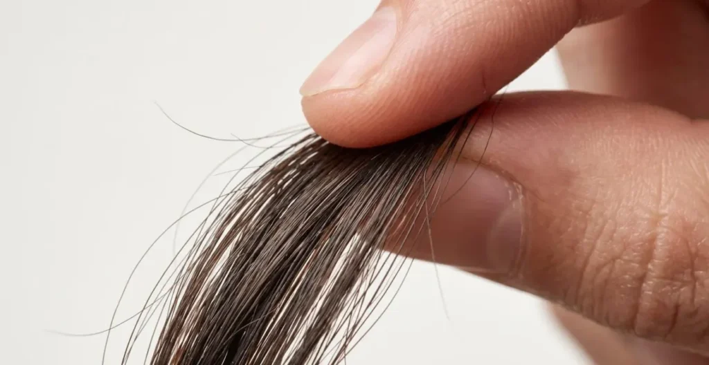 Dettaglio macro di dita che eseguono il test di trazione su una ciocca di capelli